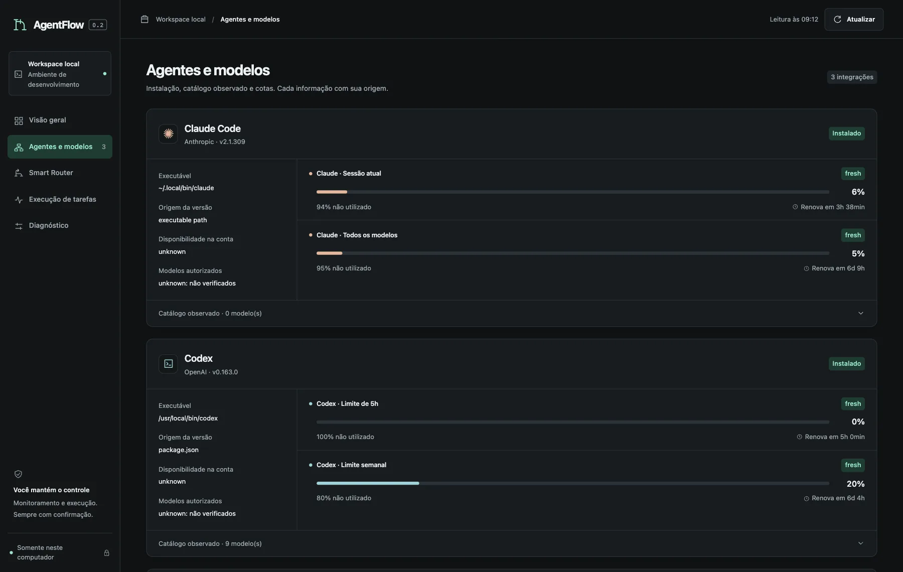 Agents and models screen with the Claude Code and Codex cards, executable path, quota windows and usage bars