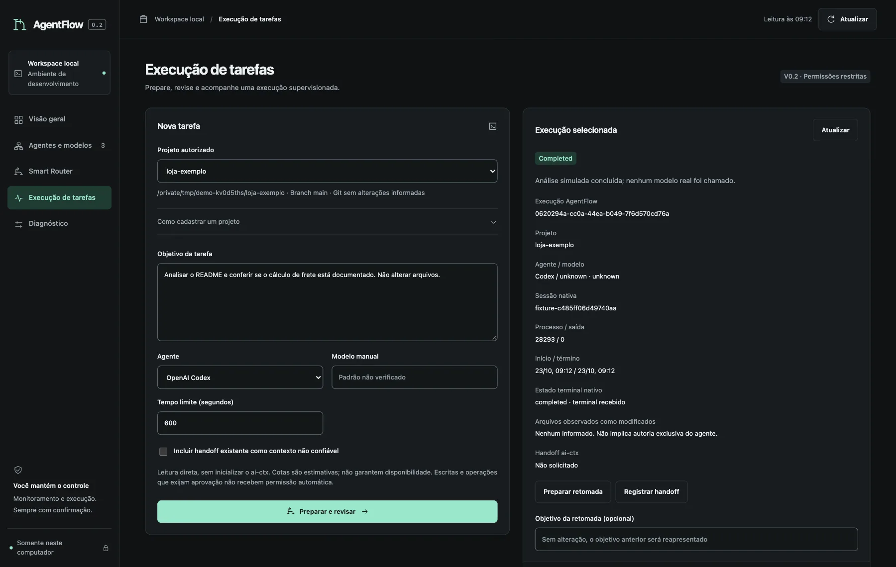 Completed execution with the Completed badge, summary, identifiers, times, observed files and resume and handoff buttons