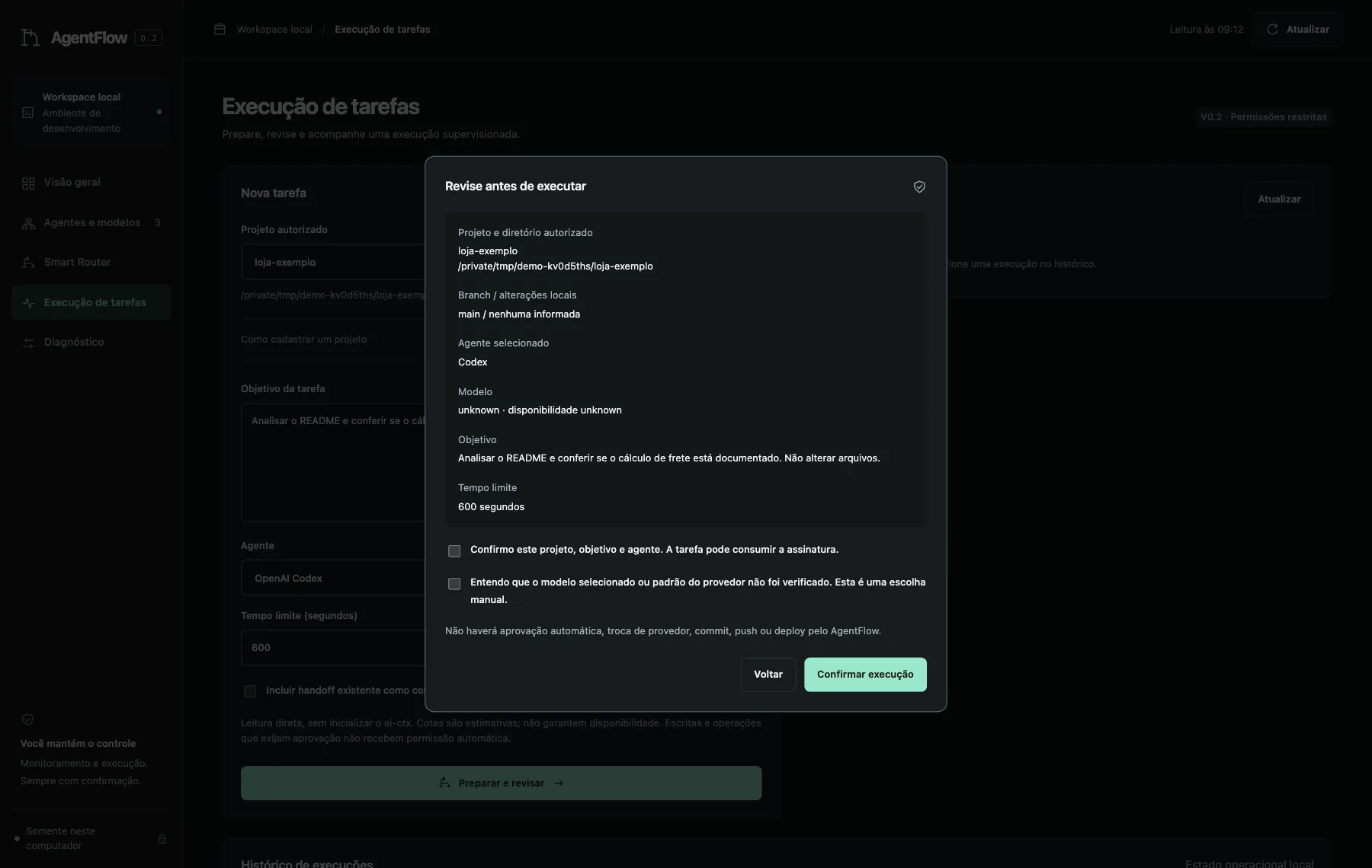 Review before running dialog with project, directory, branch, agent, objective, time limit and two confirmation checkboxes