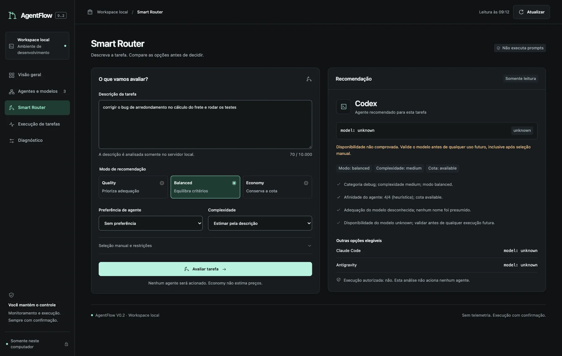 Smart Router with the task written, the three modes and the Codex recommendation with the reasons and the other eligible options