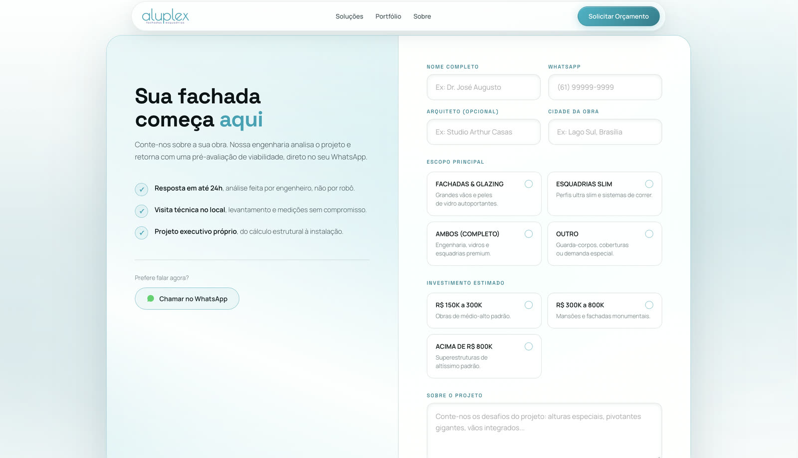 Formulário de orçamento com escopo e faixa de investimento