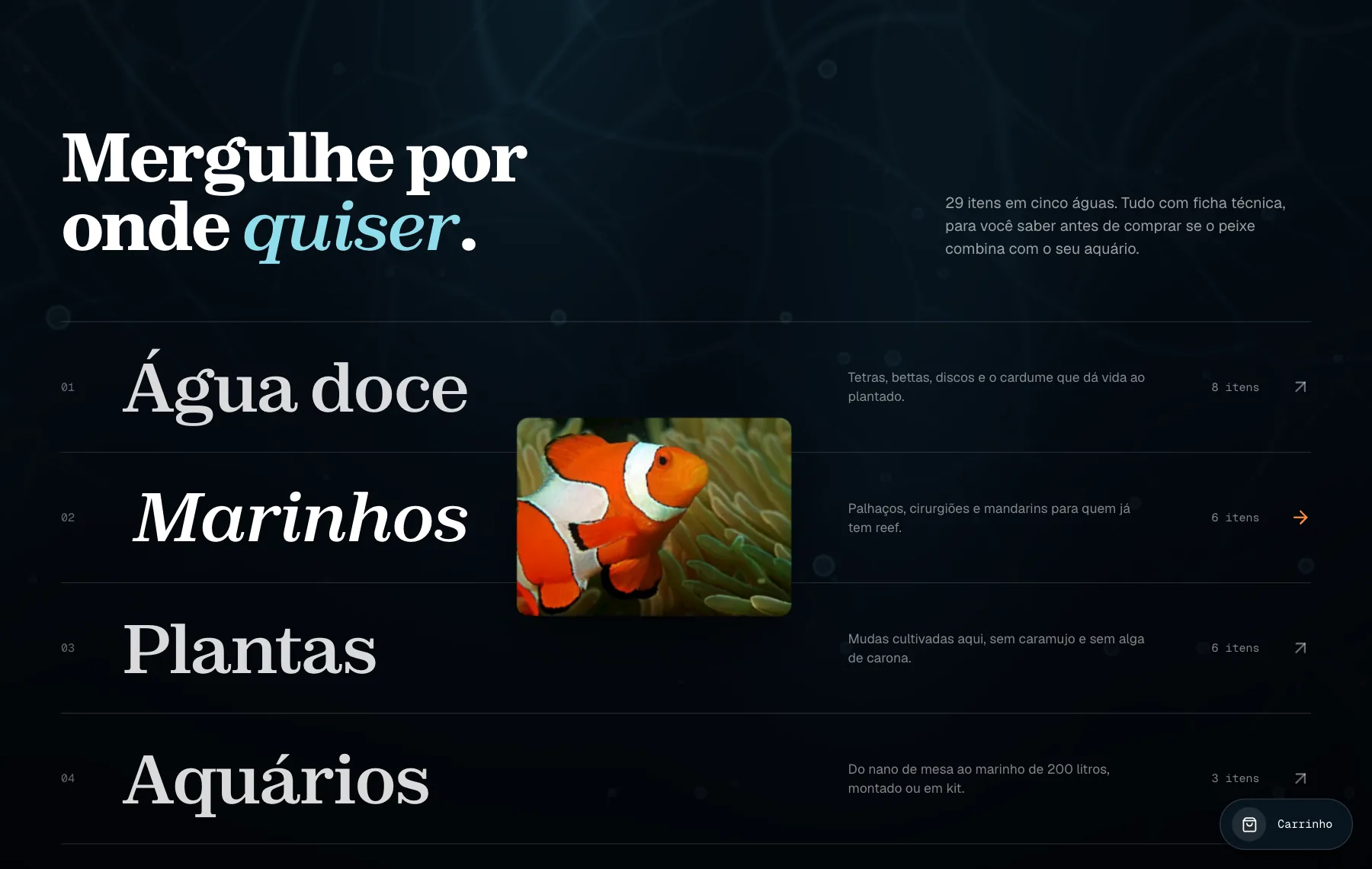Lista de categorias em letras grandes com a foto de um peixe-palhaço flutuando ao lado do cursor