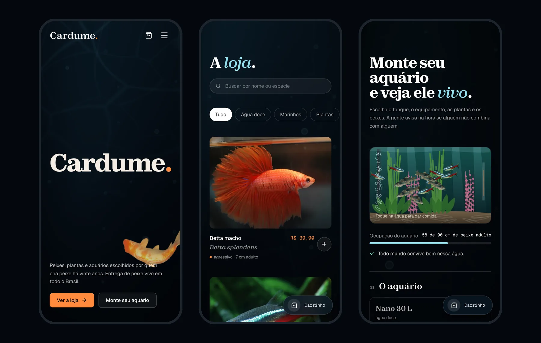 Três telas de celular: o hero com o koi, a loja e o Monte seu aquário