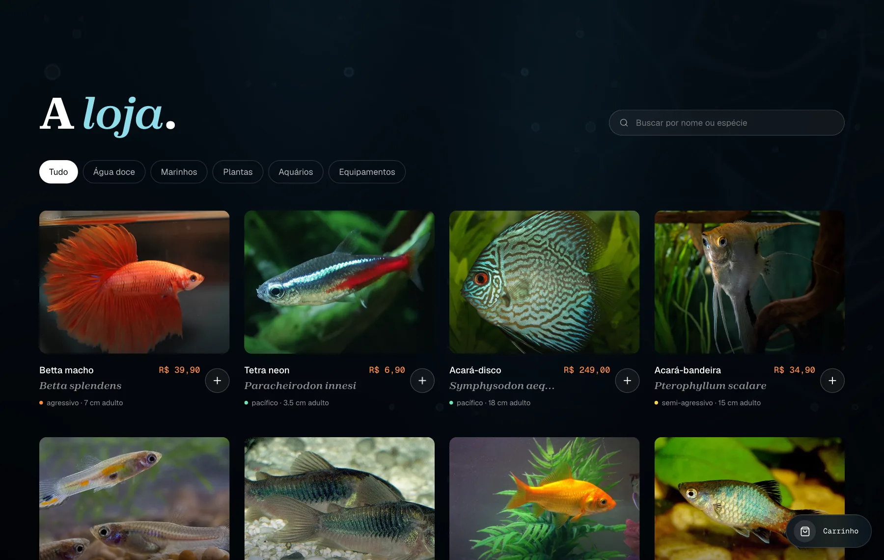 Grade da loja com filtros por categoria, busca e cards de peixes com nome científico e preço