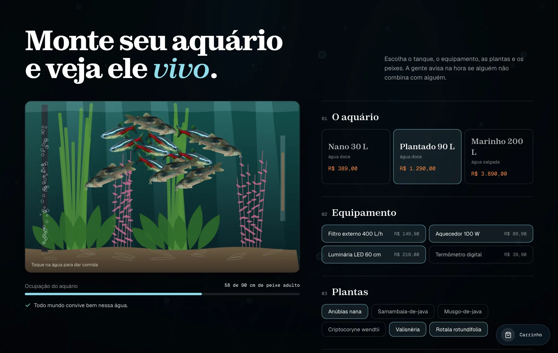 Monte seu aquário: um tanque animado com plantas e peixes de um lado, e as escolhas de aquário, equipamento e plantas do outro