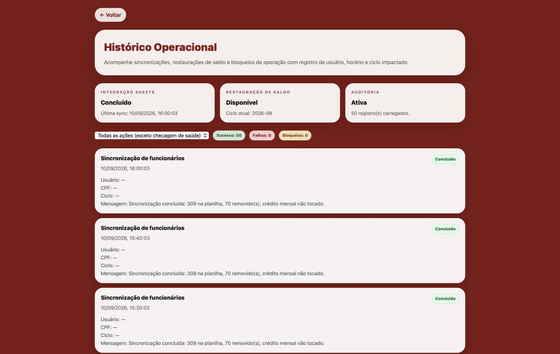 Histórico operacional, com o registro das sincronizações