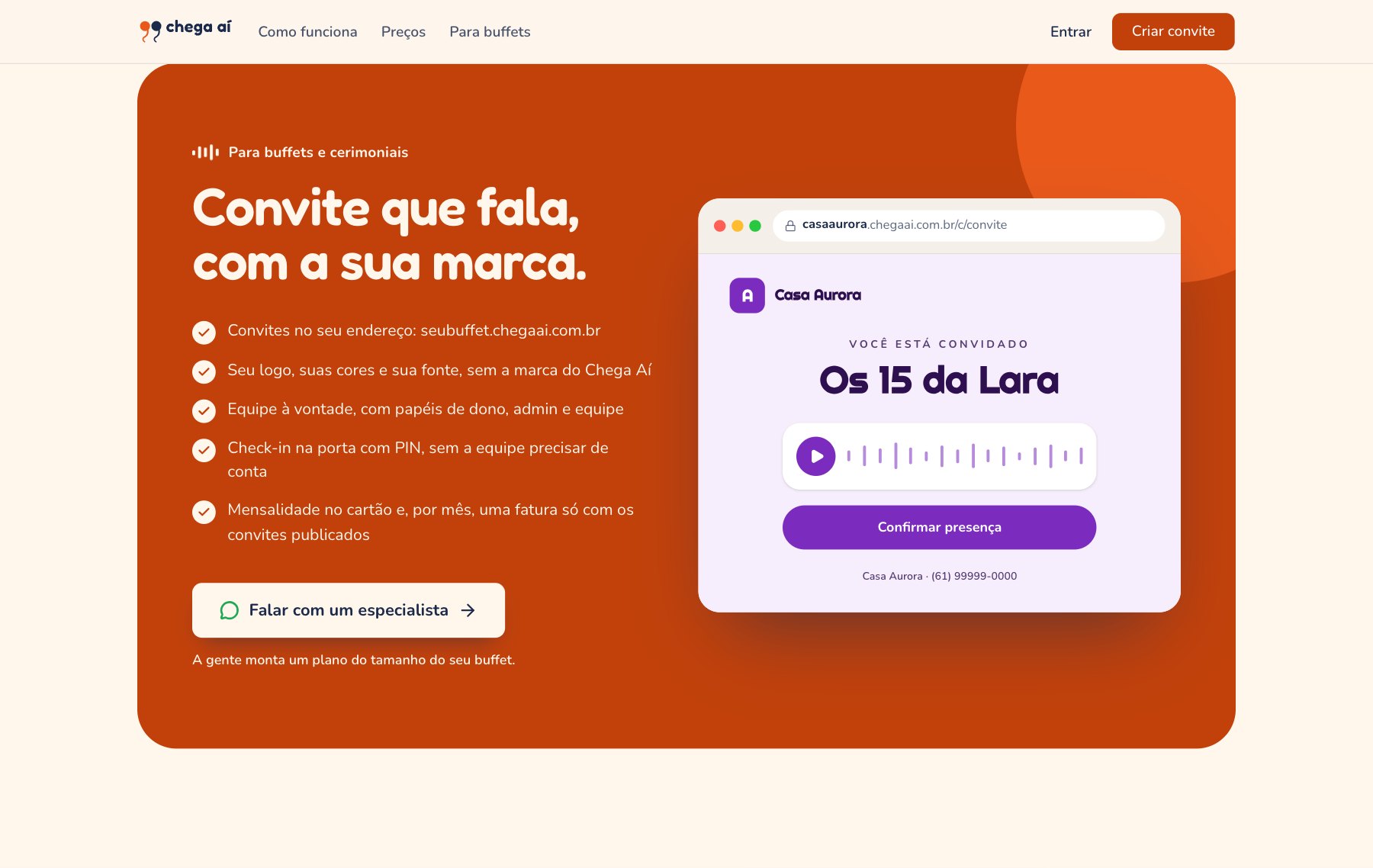Seção laranja para buffets, com um convite no endereço próprio do buffet