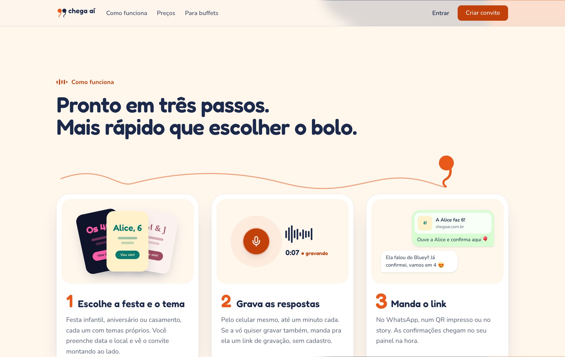 Três cartões: escolher a festa e o tema, gravar as respostas e mandar o link