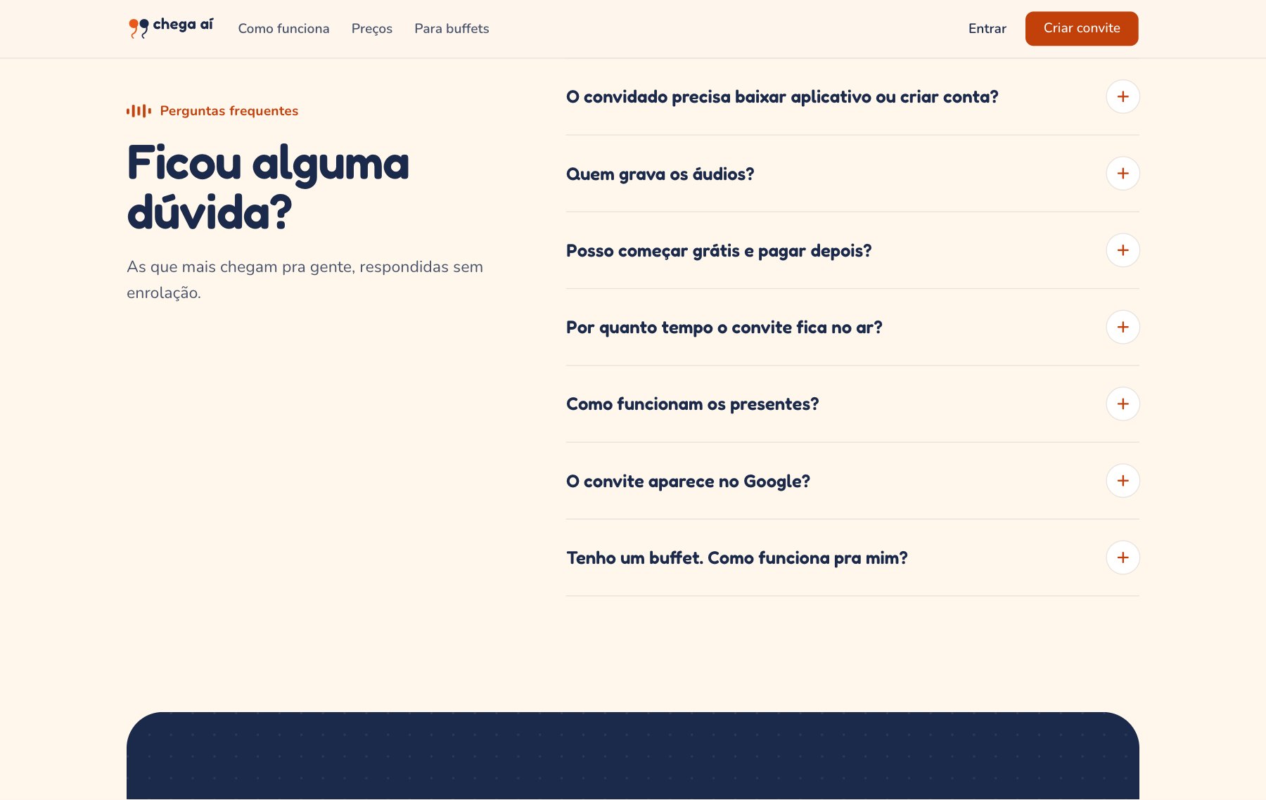 Perguntas frequentes à direita, com o título Ficou alguma dúvida? à esquerda