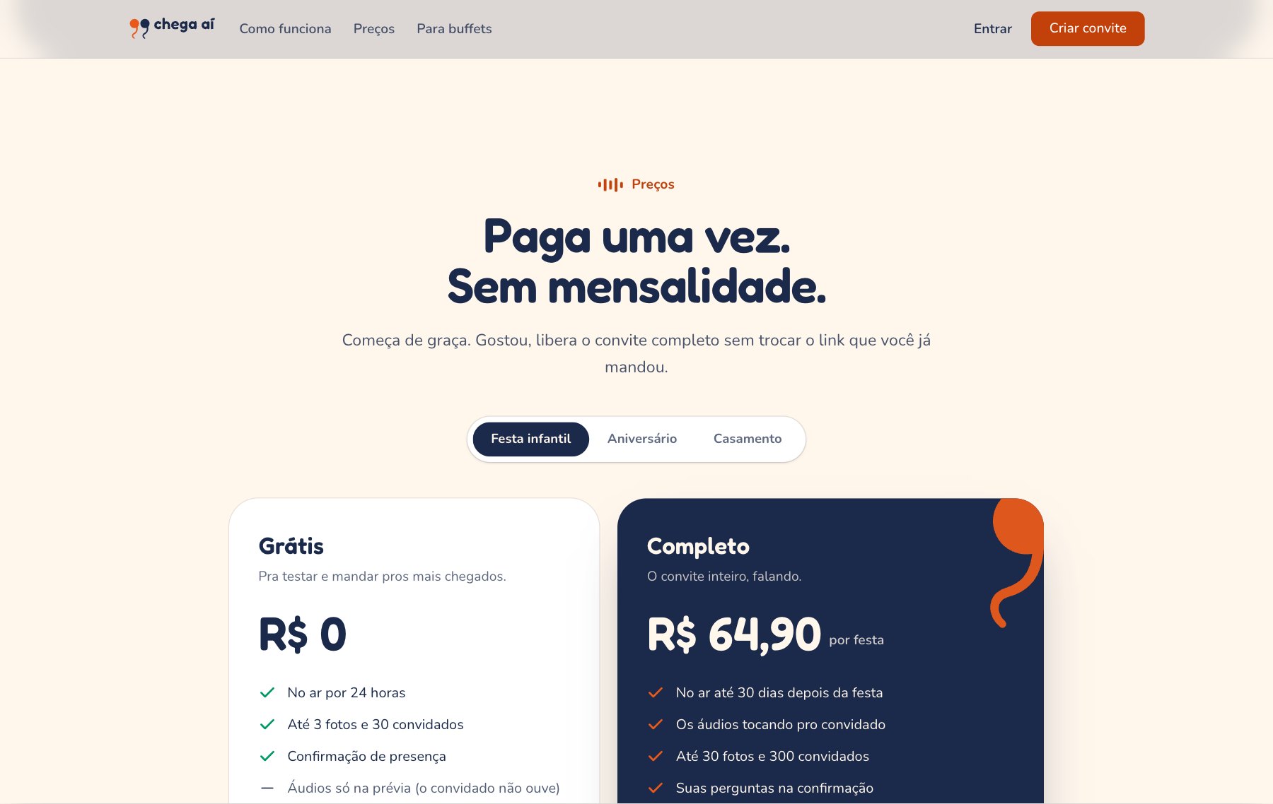 Planos grátis e completo, com abas para festa infantil, aniversário e casamento