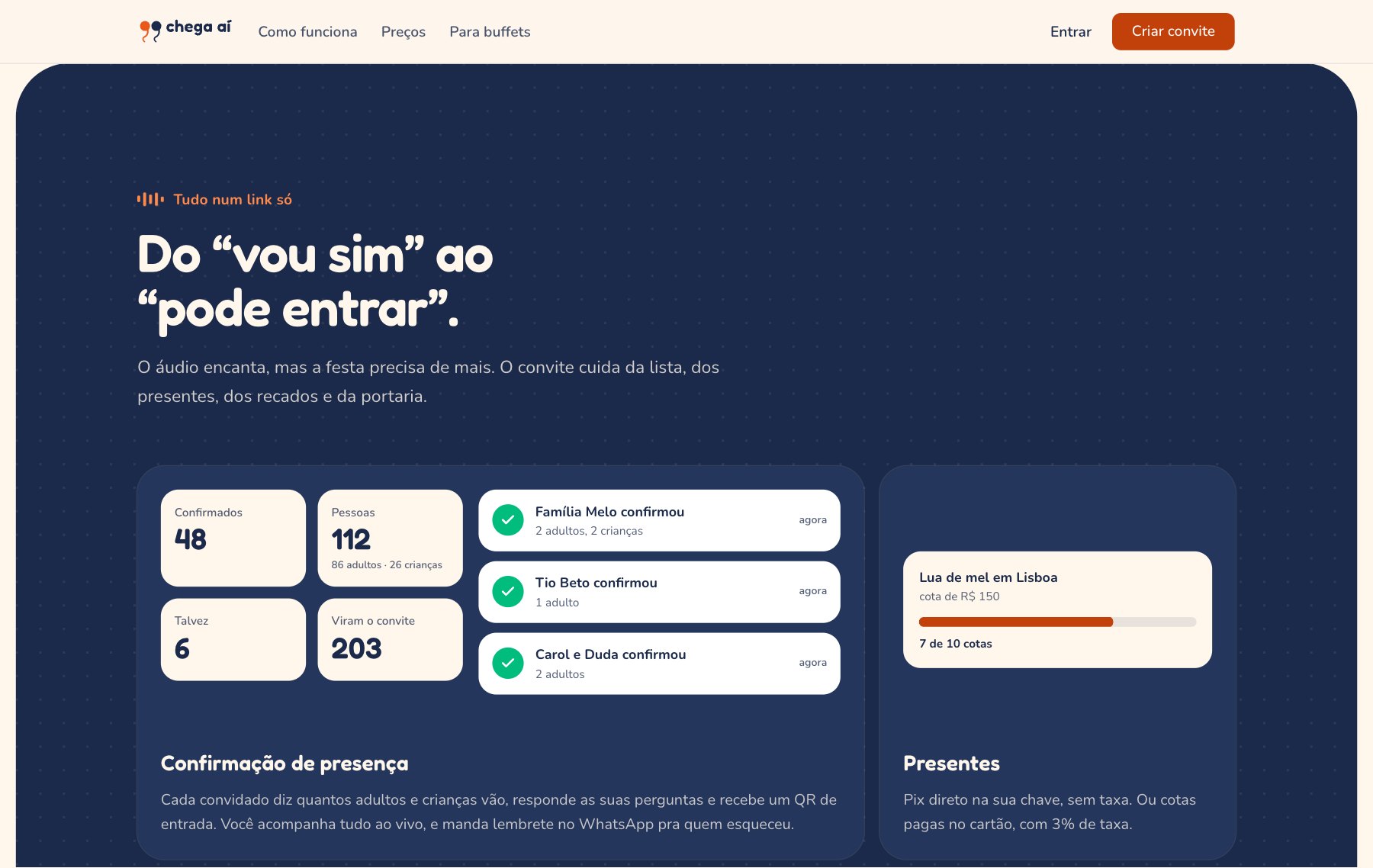 Seção escura com os recursos: confirmação de presença, presentes, mural, check-in e artes