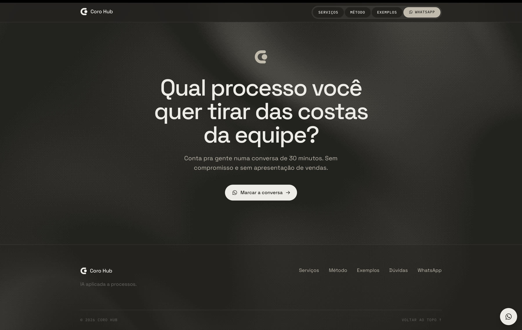 Chamada final com o símbolo da Coro Hub e a pergunta sobre qual processo tirar das costas da equipe