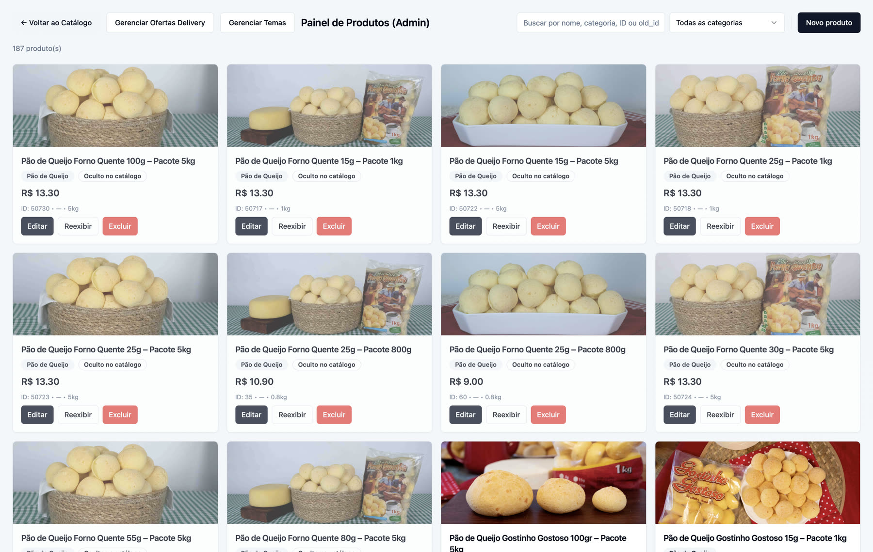 Painel de produtos do admin, com 187 itens cadastrados