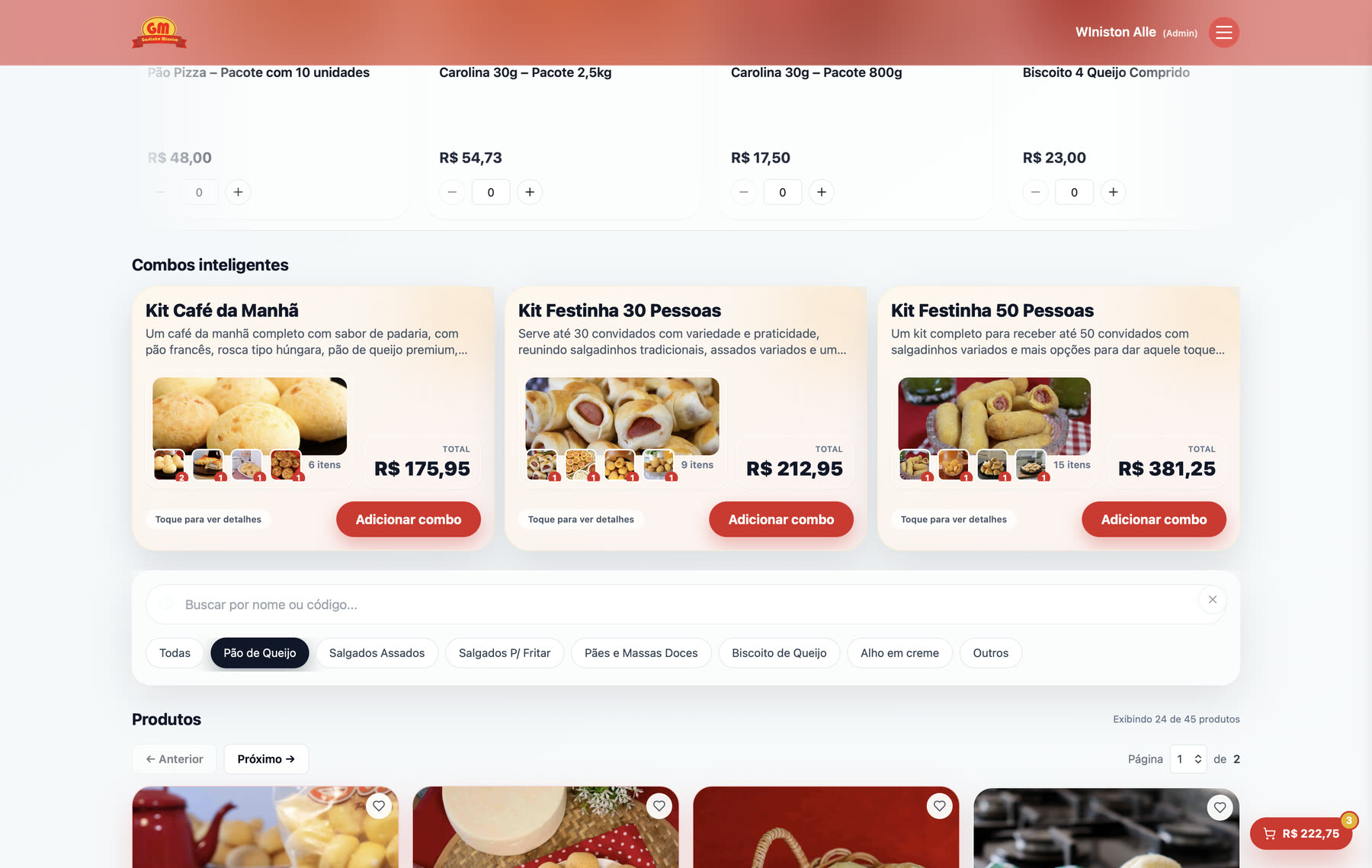 Combos prontos, busca e filtros por categoria no catálogo