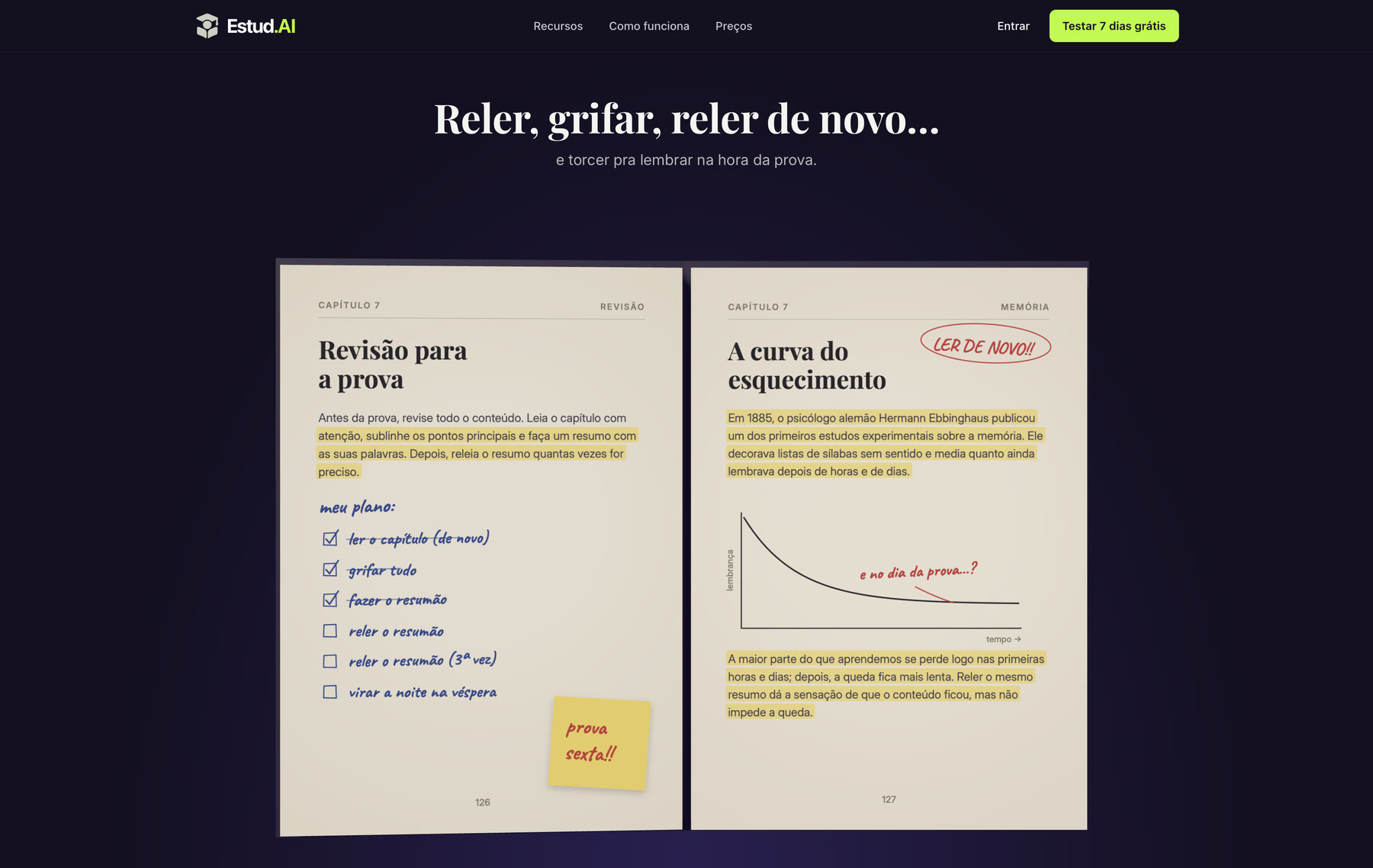Livro aberto com o resumo grifado de amarelo, um plano de estudo riscado e a curva do esquecimento