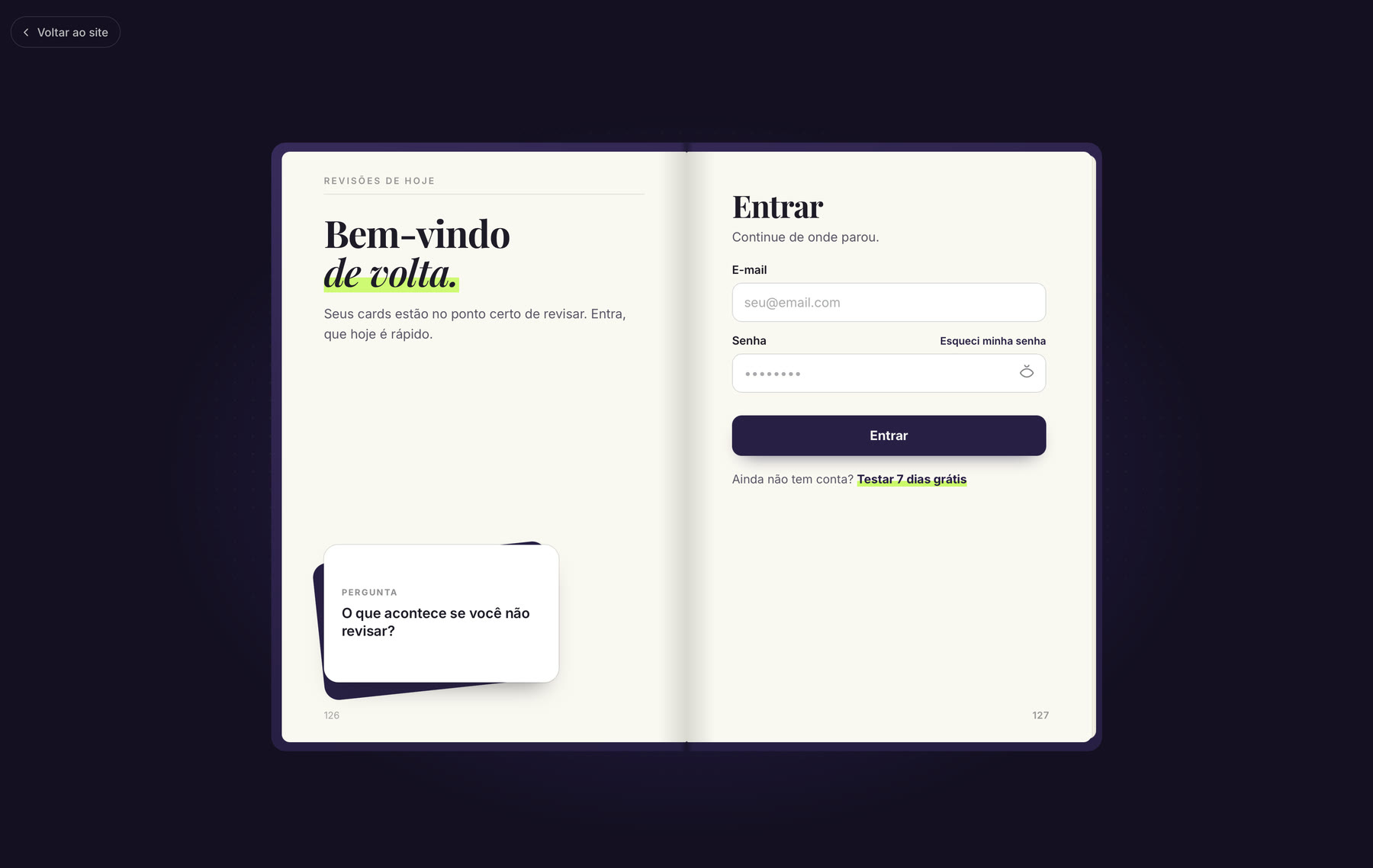 Tela de entrar desenhada como um caderno aberto, com boas vindas na página da esquerda e o formulário na da direita