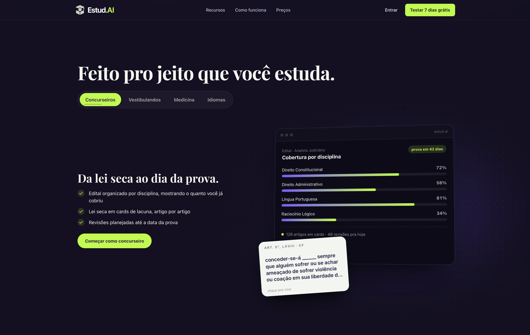 Aba Concurseiros, com a cobertura do edital por disciplina e um card de lei seca com lacuna