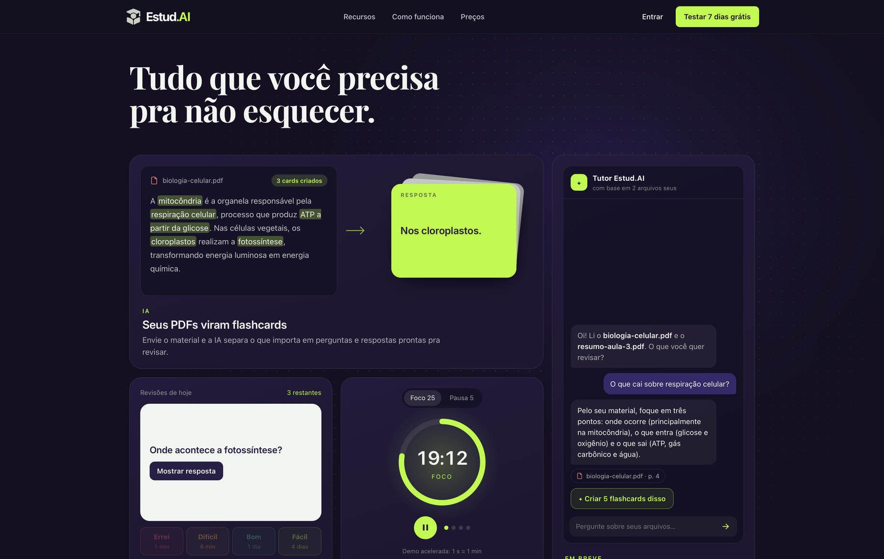 Grade de recursos com o texto de um PDF virando cards, uma revisão em andamento, um pomodoro e o chat do tutor