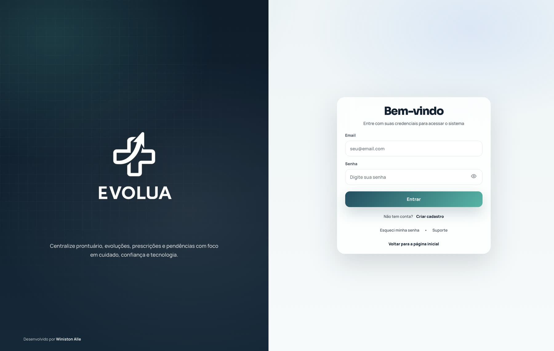 Tela de login do Evolua, dividida entre a marca e o formulário