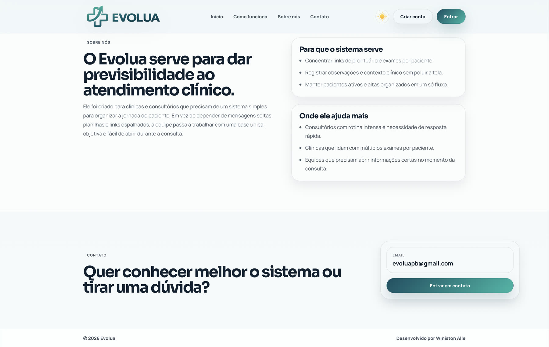 Seção sobre o sistema, com as listas do que ele serve e onde ajuda