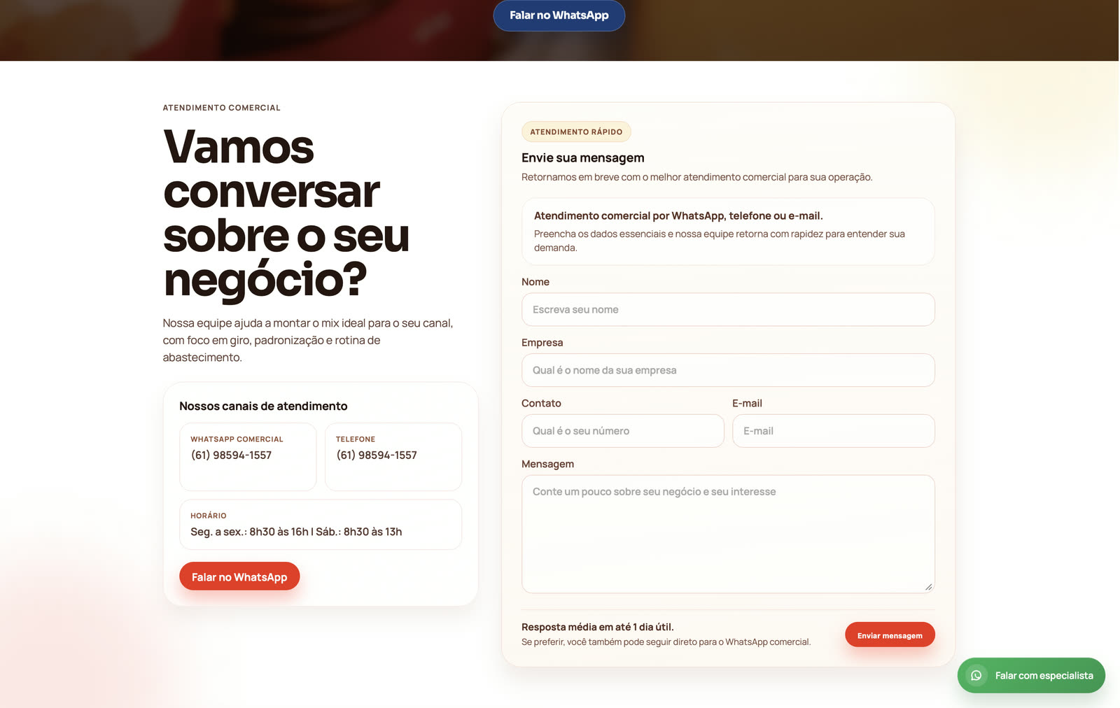 Formulário de atendimento comercial