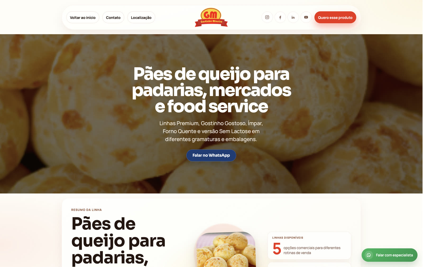 Página da linha de pães de queijo
