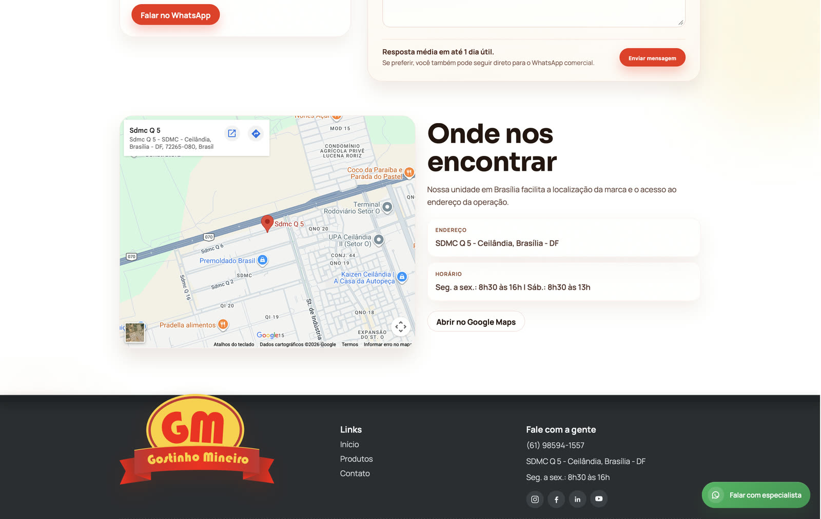 Seção de localização com mapa e horário de atendimento