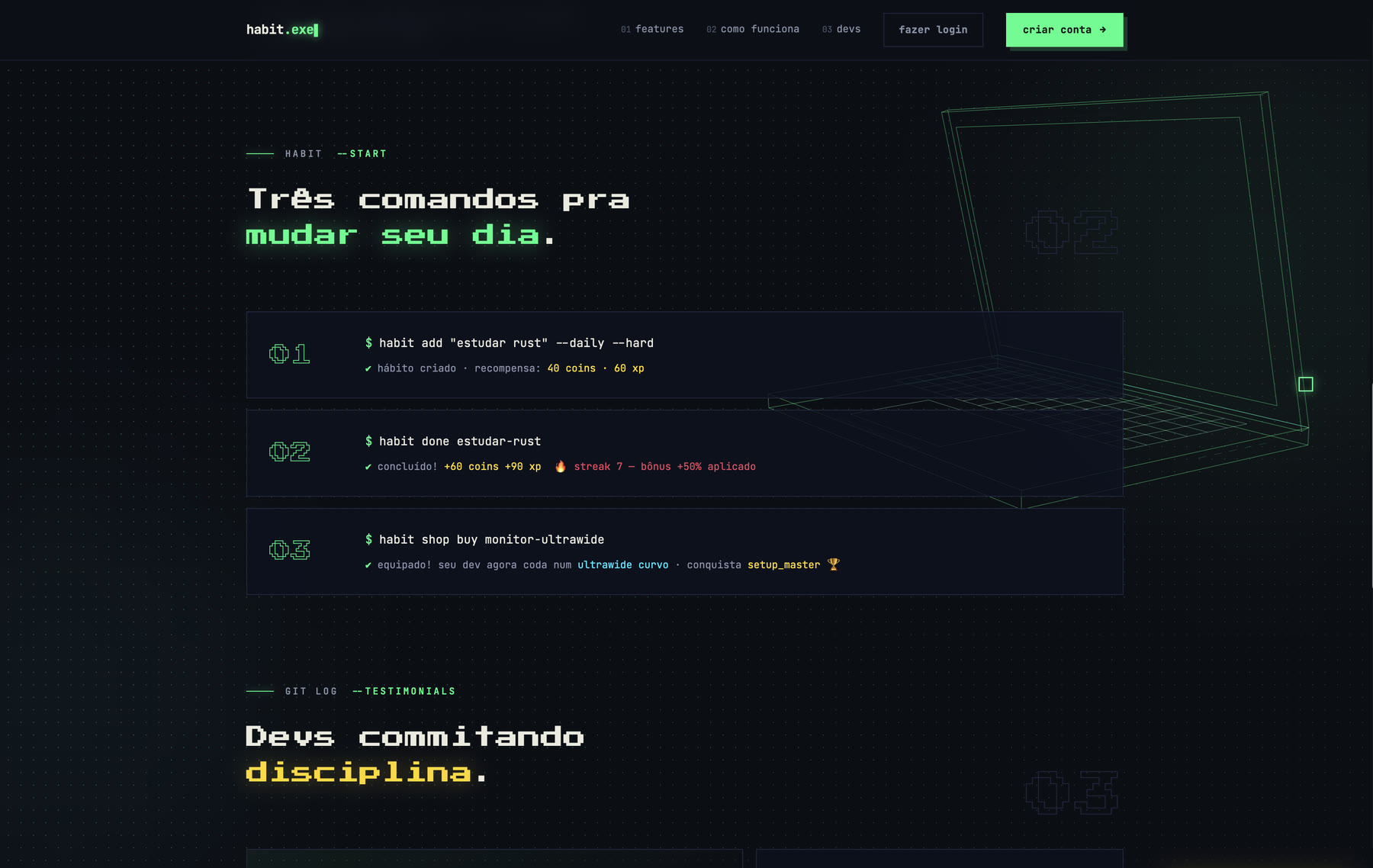 Os três comandos do habit.exe escritos como linha de comando