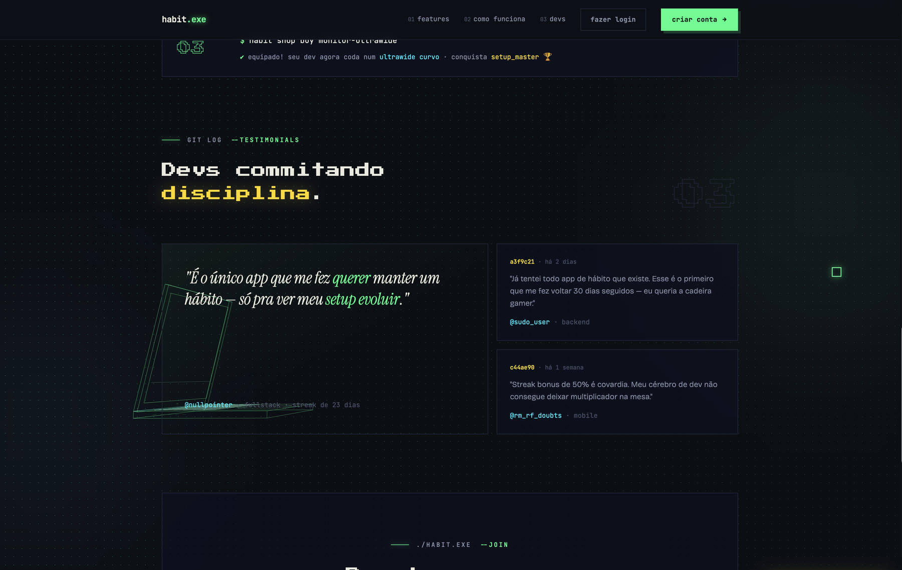Depoimentos formatados como log do git