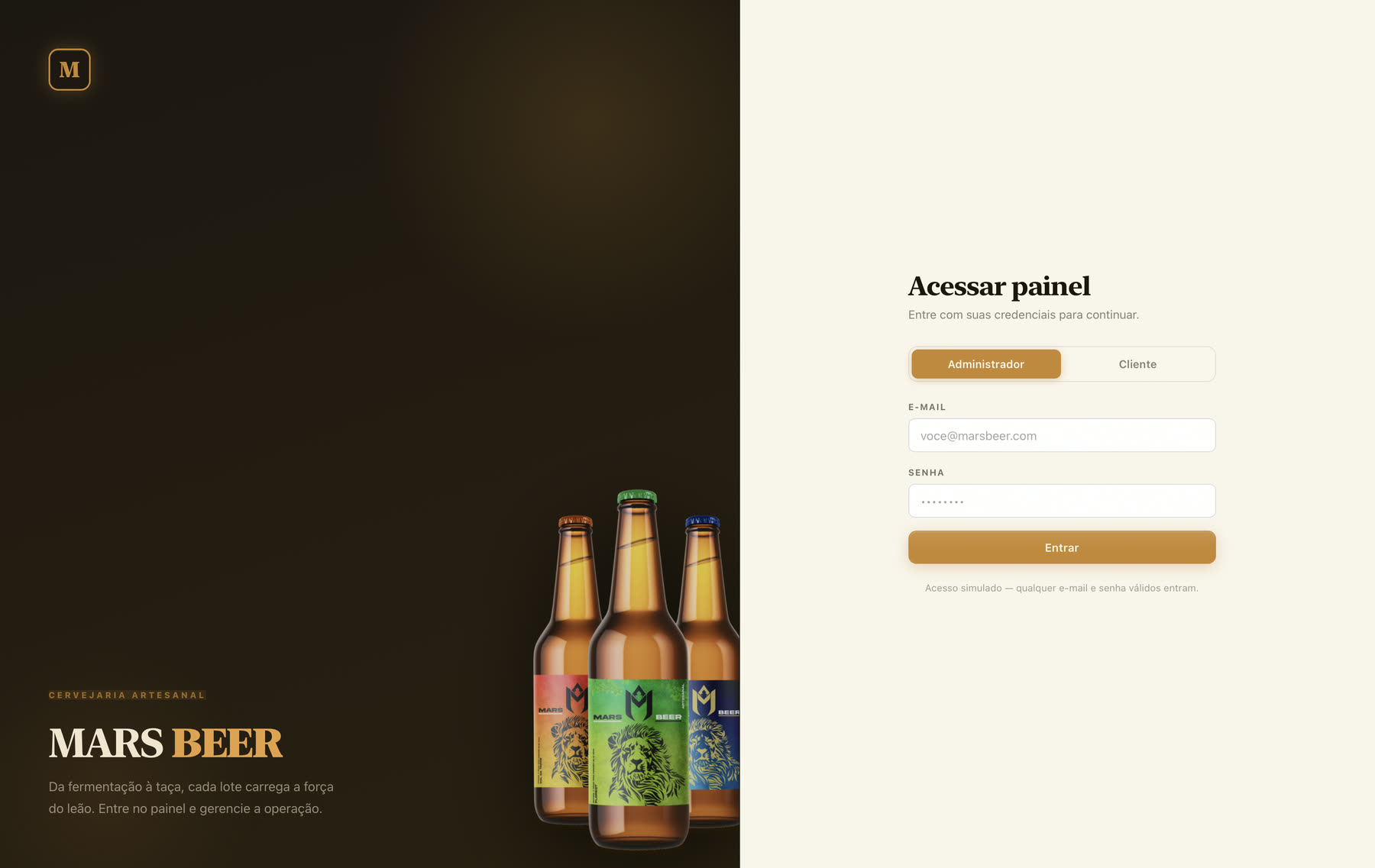 Tela de login dividida, com escolha entre Administrador e Cliente