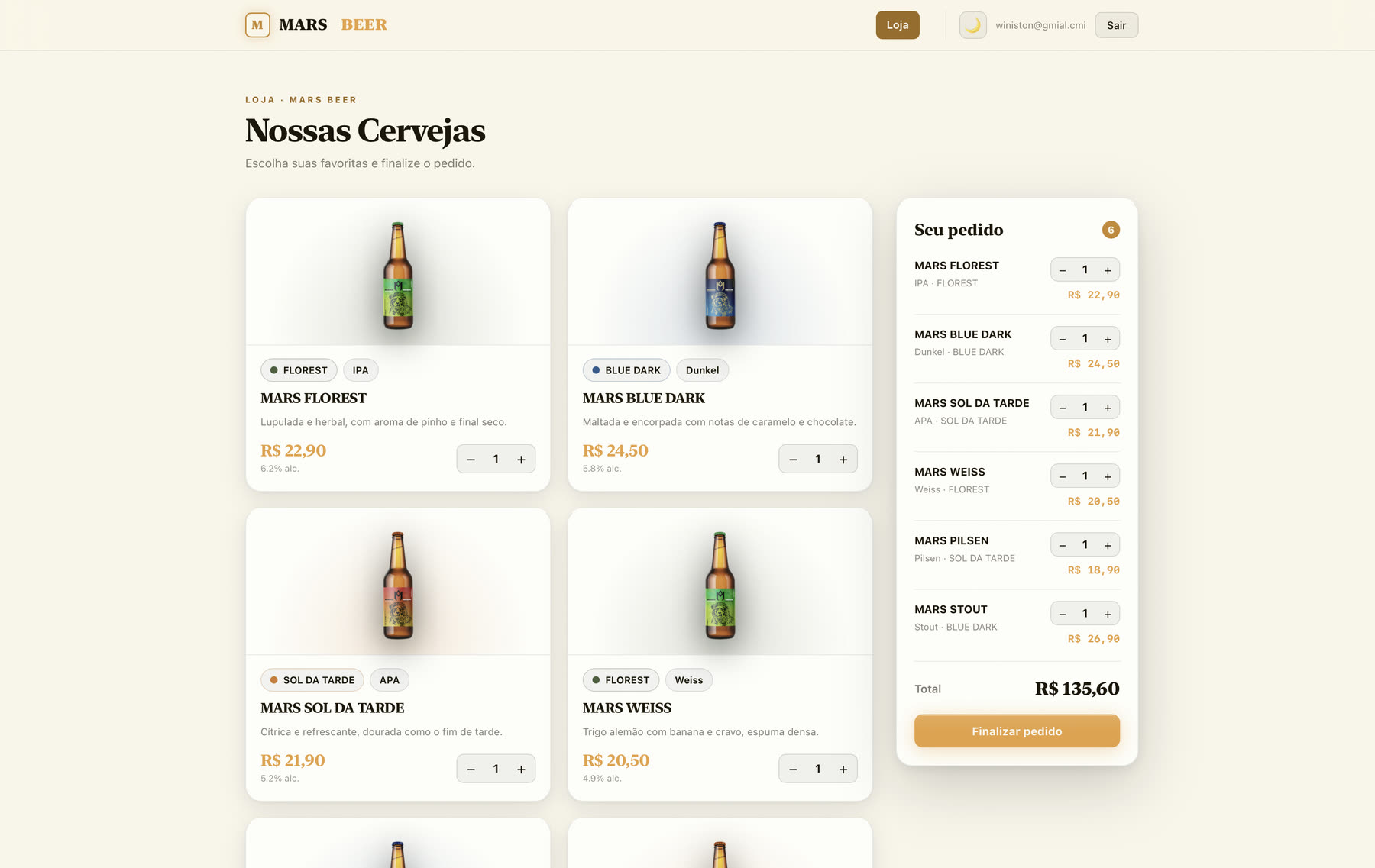Loja com as cervejas em cards e o resumo do pedido ao lado