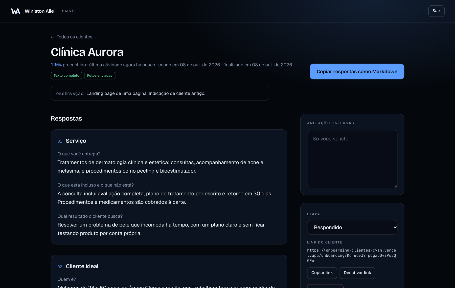 Página de um cliente no painel, com as respostas por seção, anotações internas e as ações do link