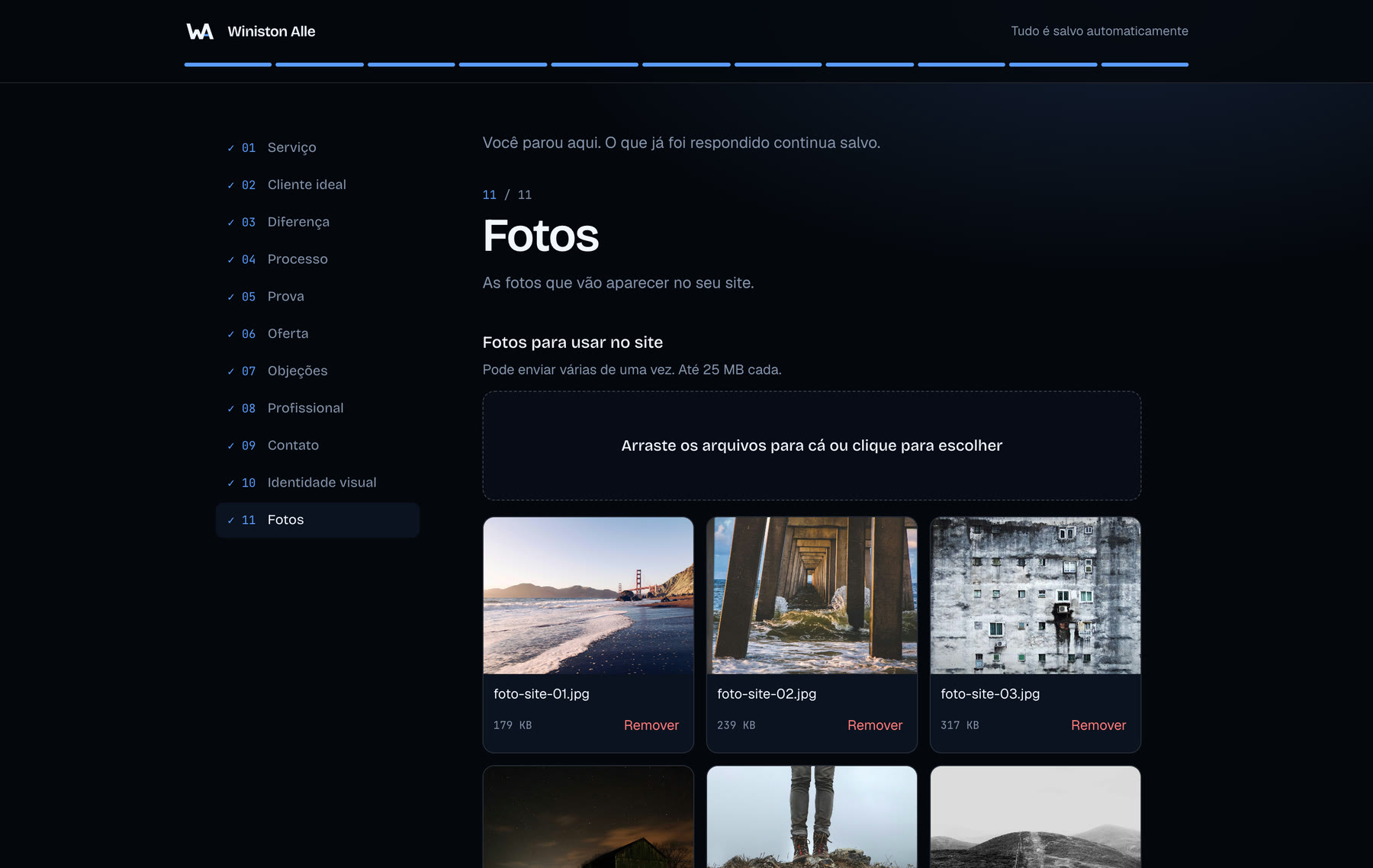 Última etapa, Fotos, com a área de envio e as miniaturas das fotos já enviadas
