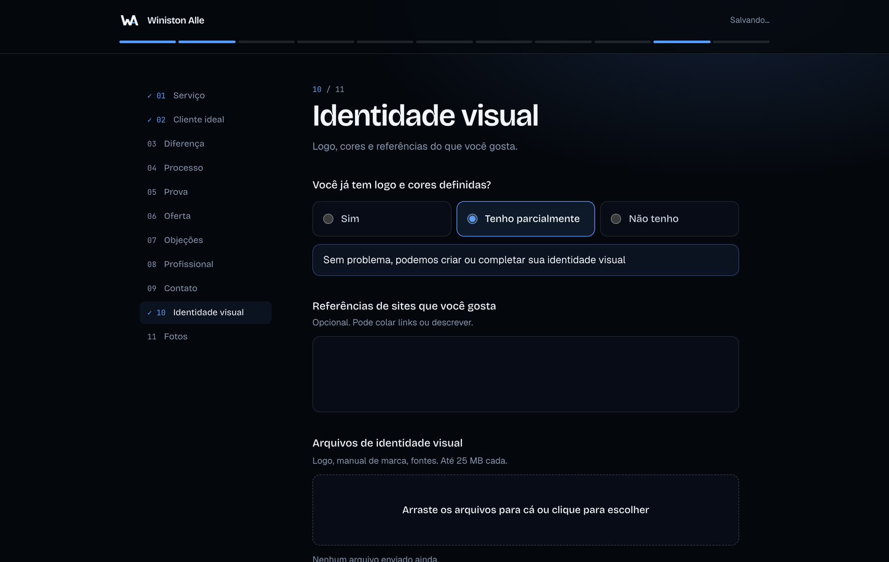 Etapa de identidade visual com a opção Tenho parcialmente marcada e um aviso logo abaixo