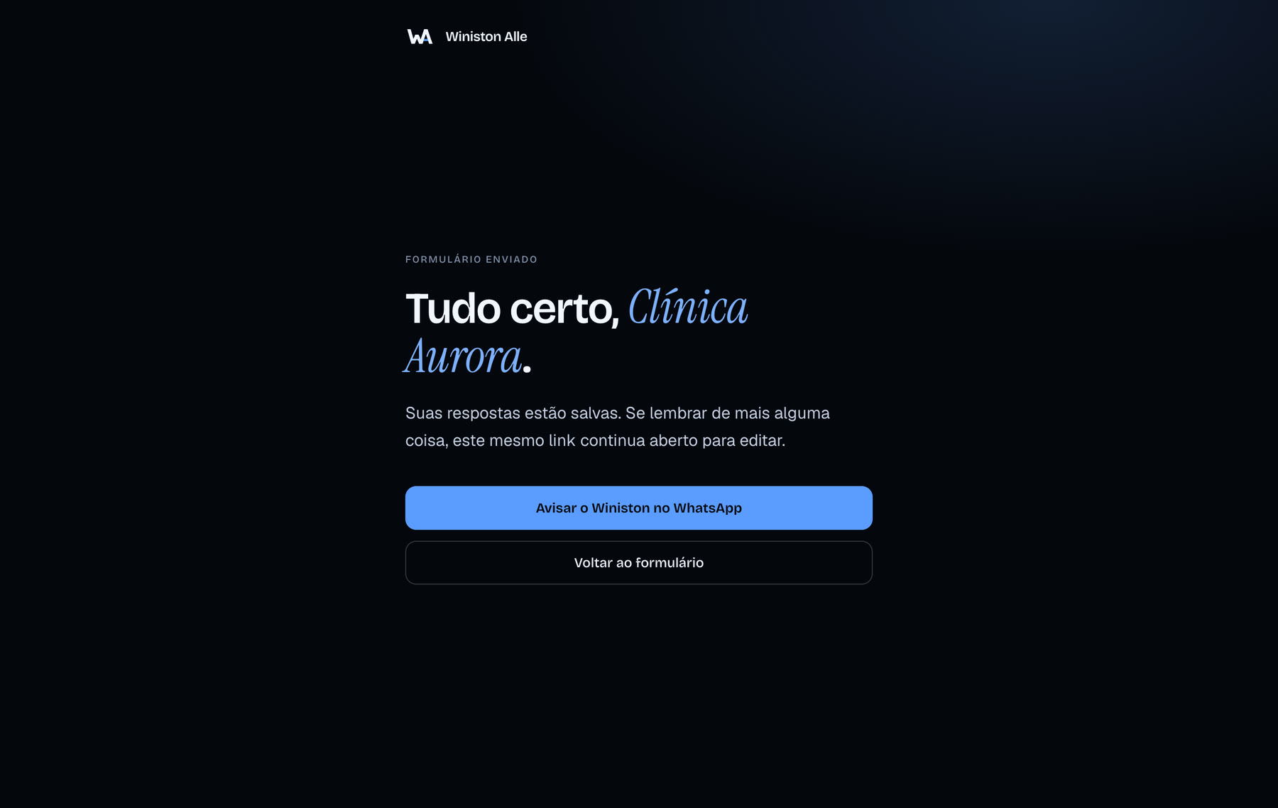 Tela final com o título Tudo certo e o botão Avisar o Winiston no WhatsApp