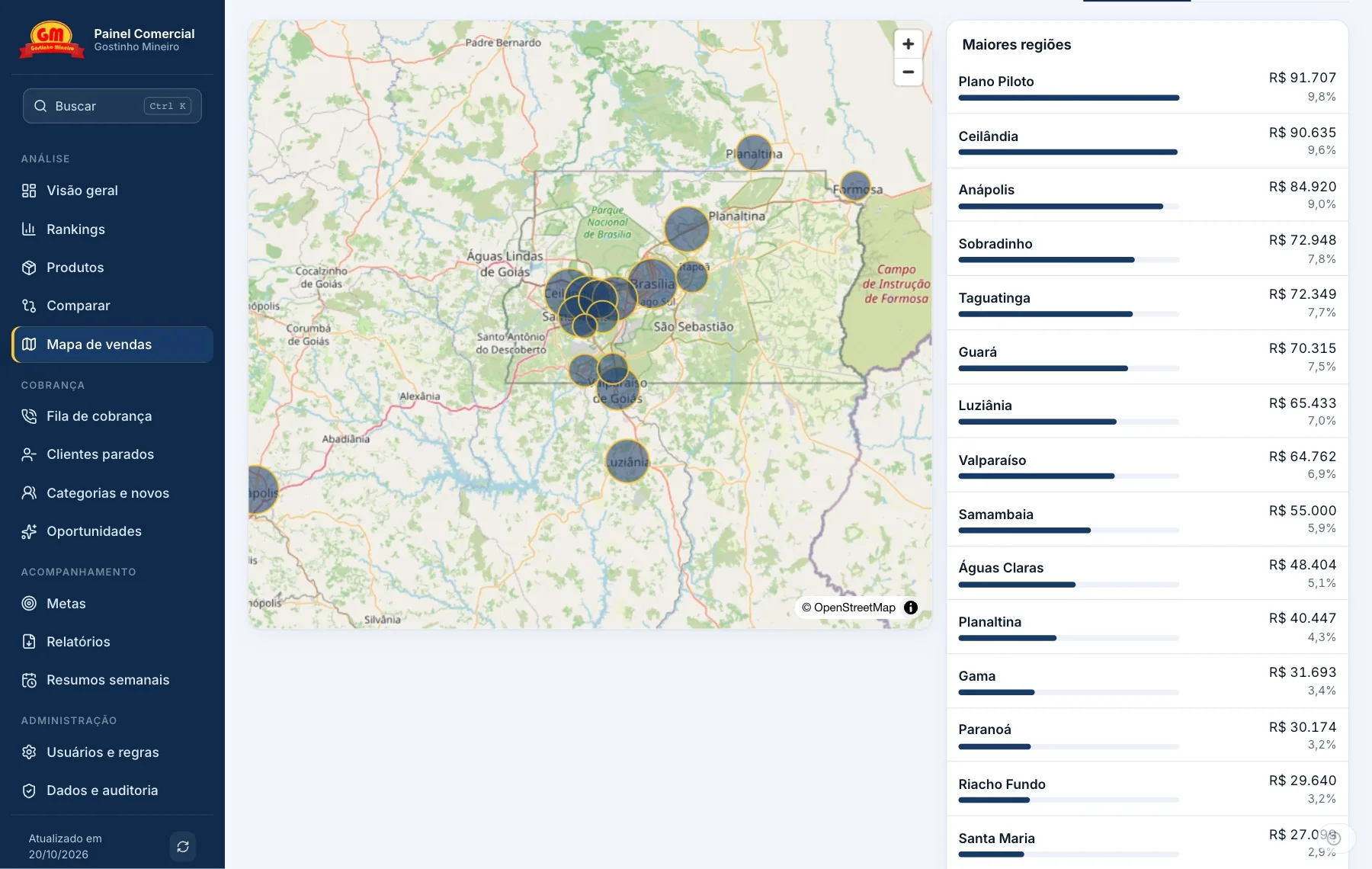 Mapa do Distrito Federal e entorno com bolhas por região e a lista das maiores regiões