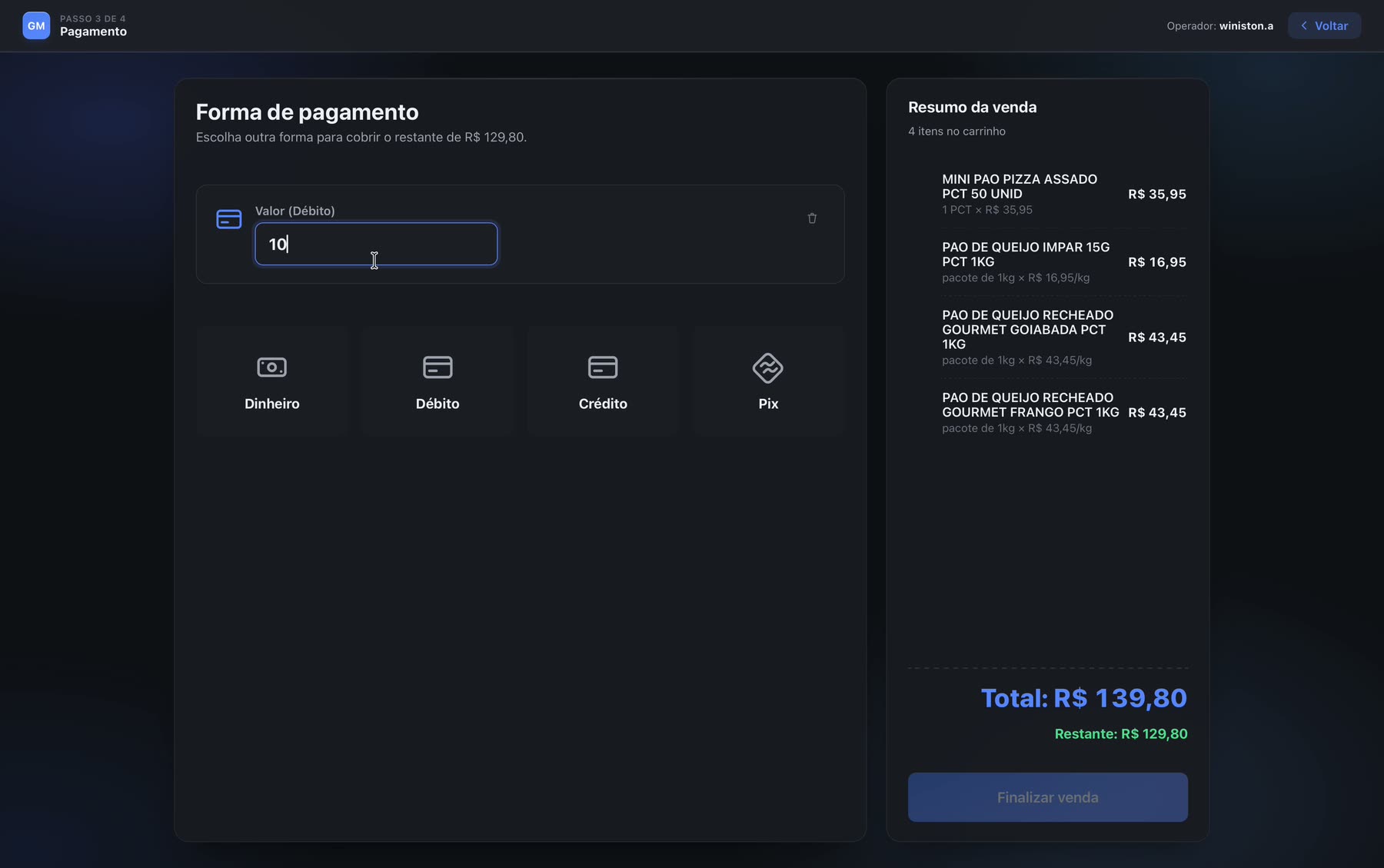 Tela de pagamento, com a venda dividida entre duas entradas de valor