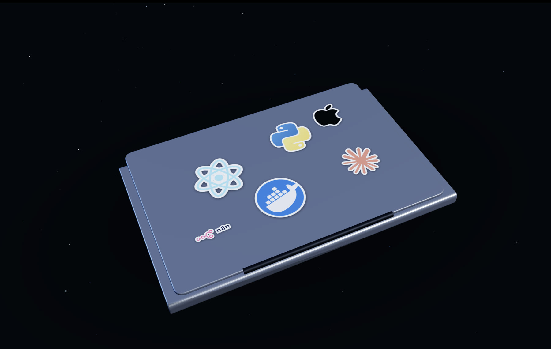 MacBook 3D fechado, de costas, com adesivos de tecnologia na tampa