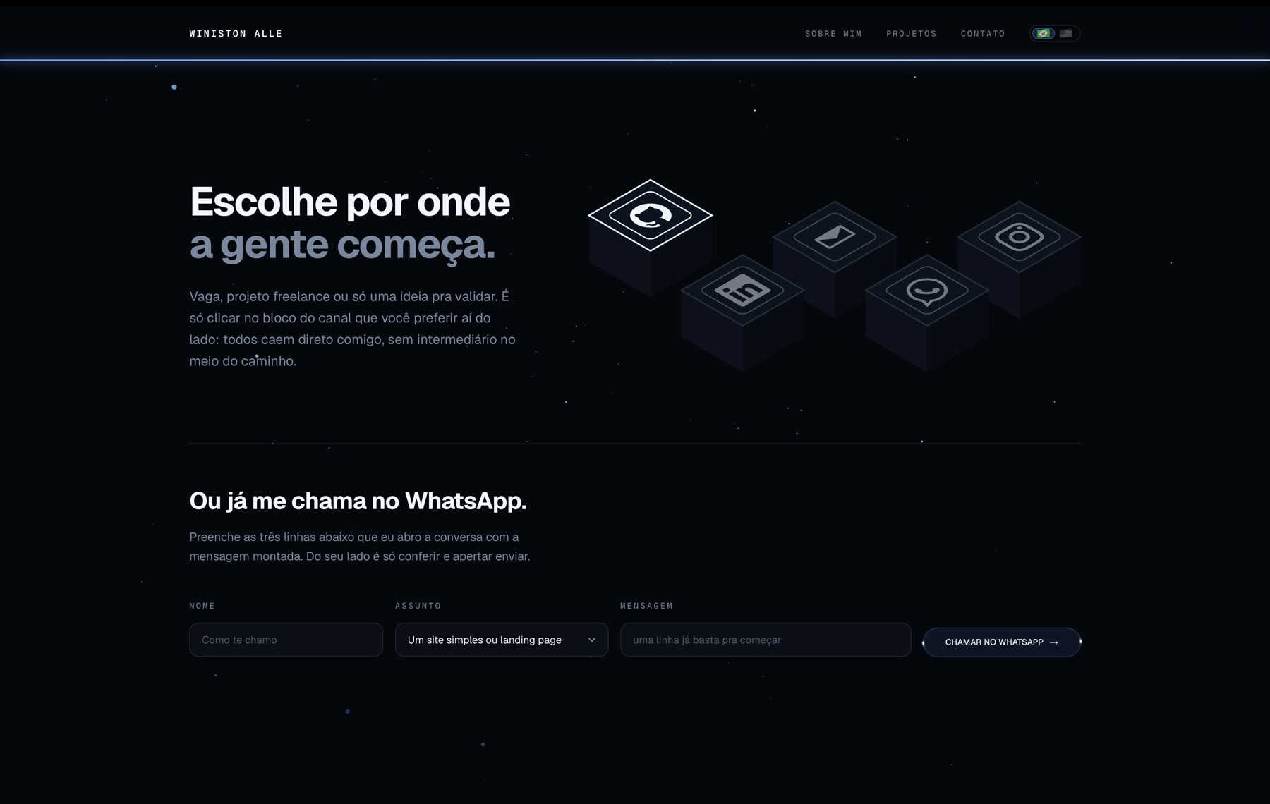Página de contato, com os canais em blocos isométricos e um formulário curto embaixo
