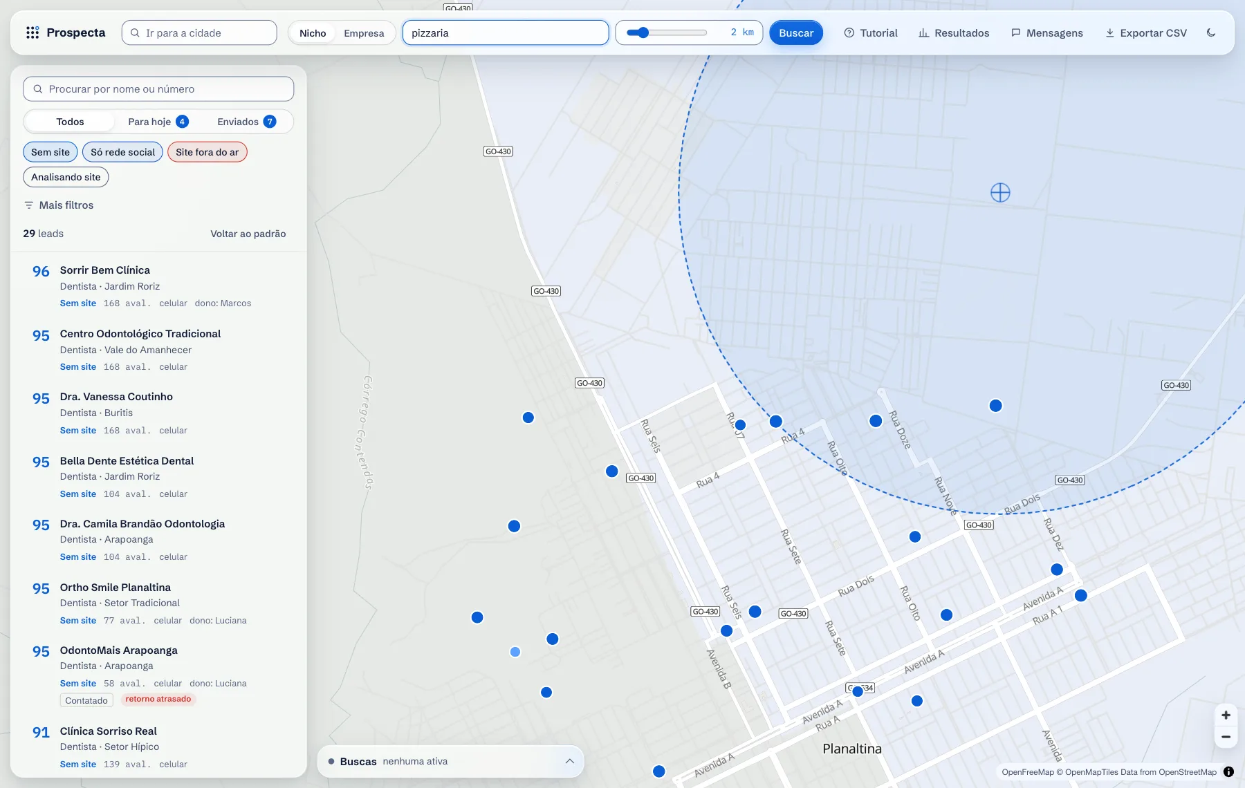 Map with a radius circle marked, the niche field filled with pizzeria and the Search button active