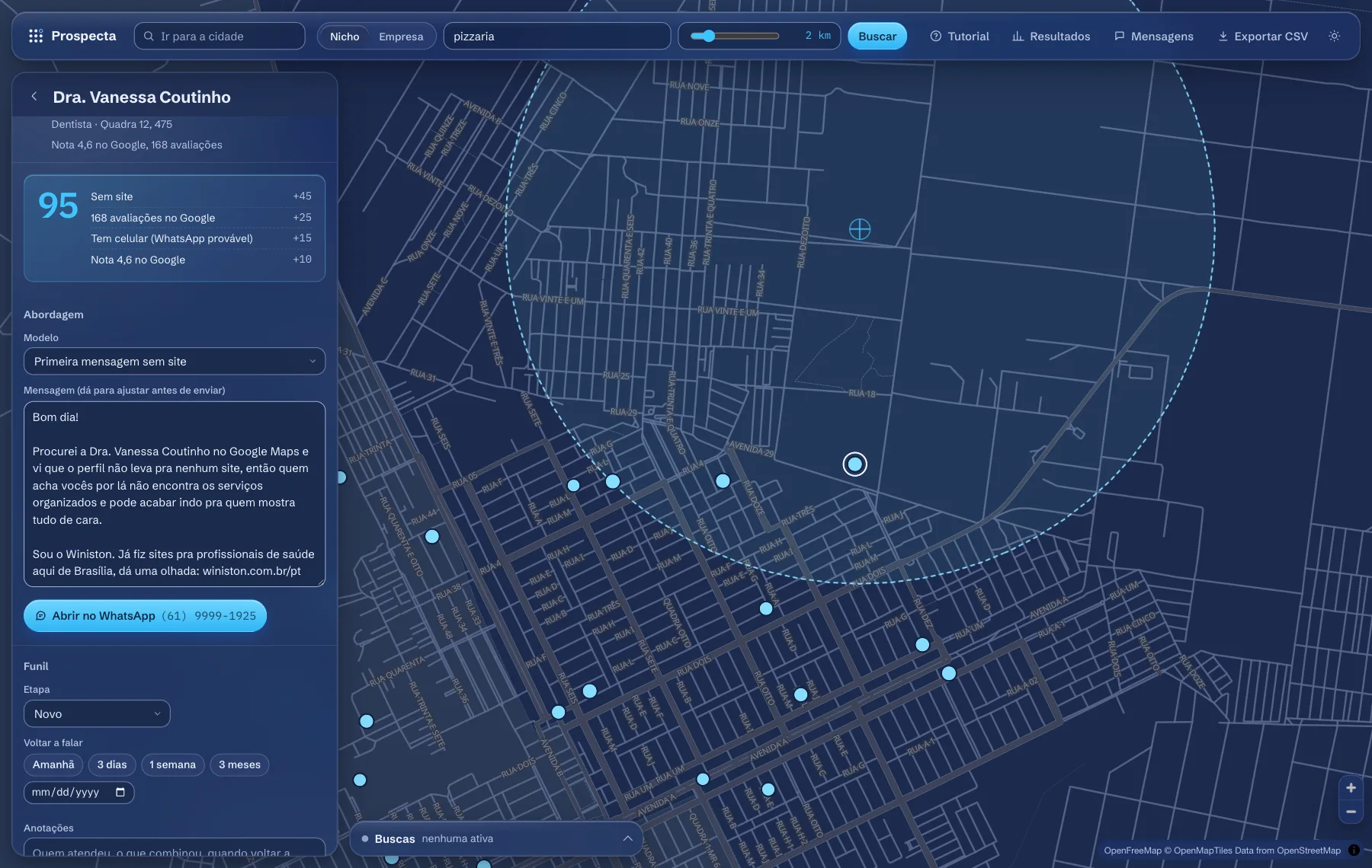 Dark theme in navy blue with the map in dark tones, the search radius and a lead sheet