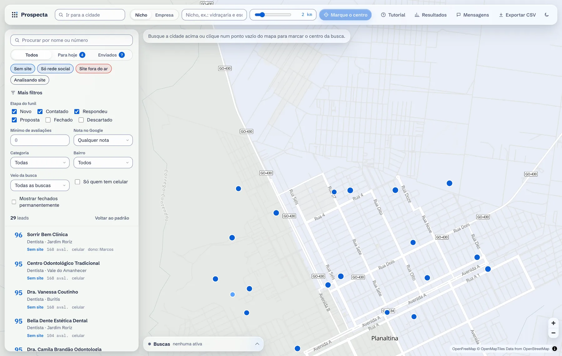 Advanced filters panel with funnel stage, minimum reviews, rating, category and neighbourhood