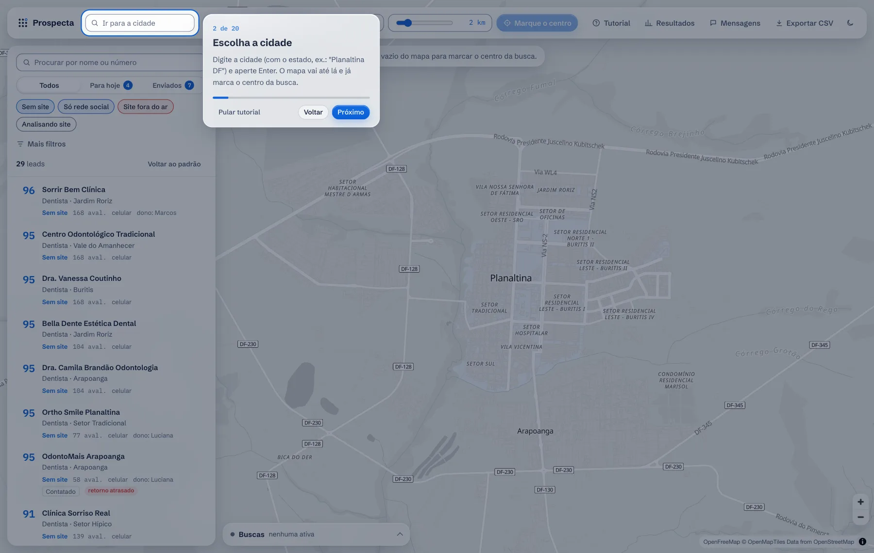 Tutorial with the screen dimmed and the city field lit up next to an explanation bubble