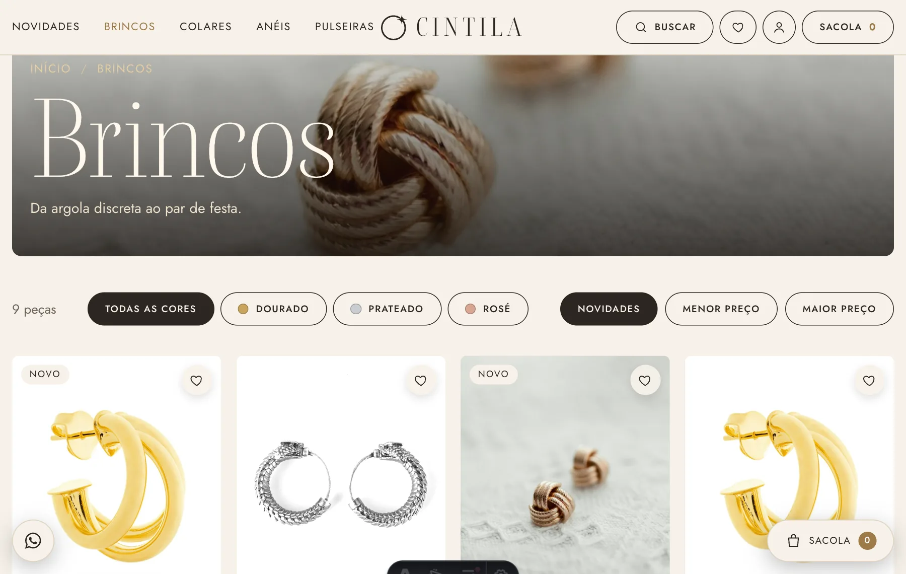 Earrings page with the gold-knot banner, colour and sort filters and the grid of pieces with real photos