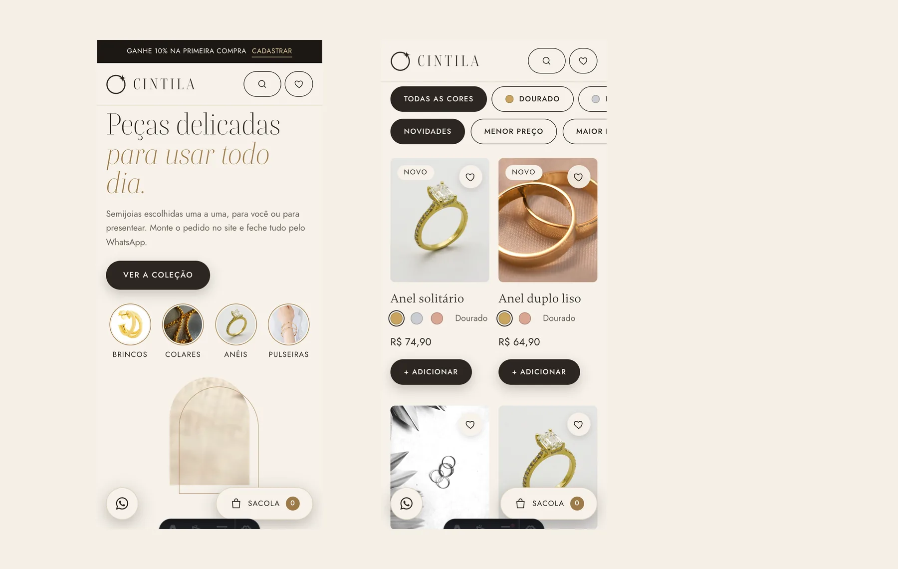 Two phone screens: the start of the store with the categories in circles and the rings list in two columns