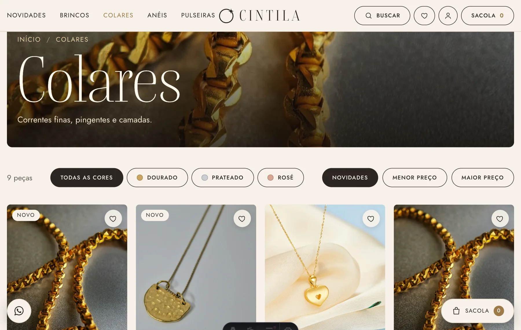 Necklaces page with a gold-chain banner and cards for a link chain, a medallion choker and a heart pendant