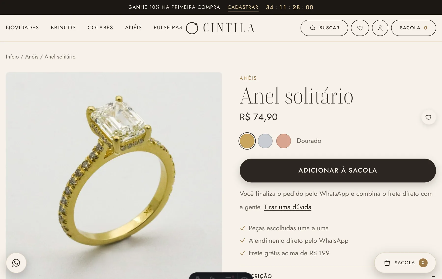 Page of a gold solitaire ring with price, colour picker, an Add to bag button and service guarantees