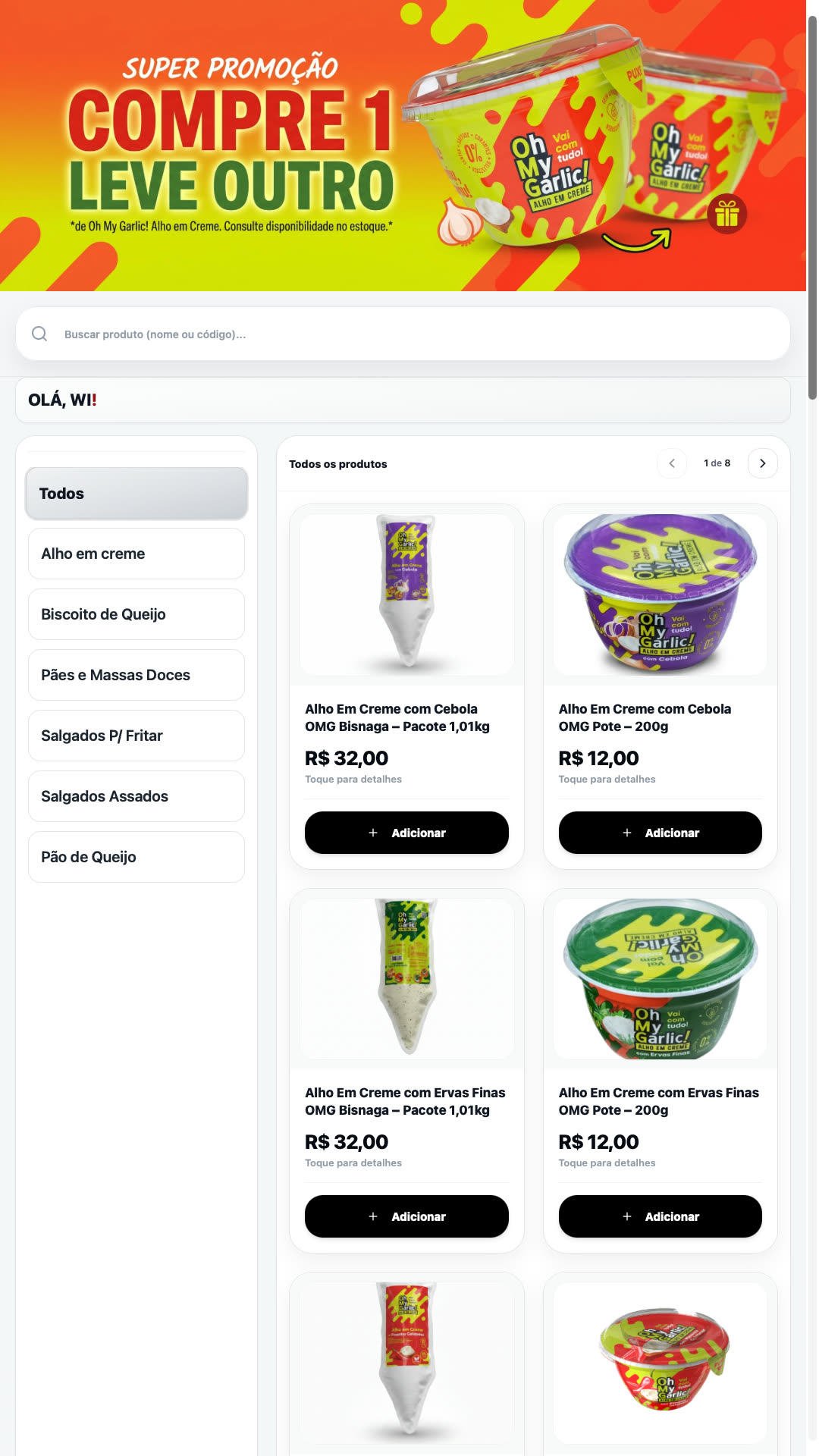 Catálogo do totem, com as categorias na lateral e os produtos em grade