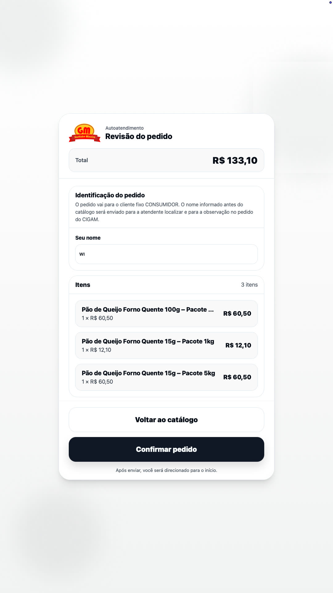 Revisão do pedido, com itens, quantidades e total antes de confirmar