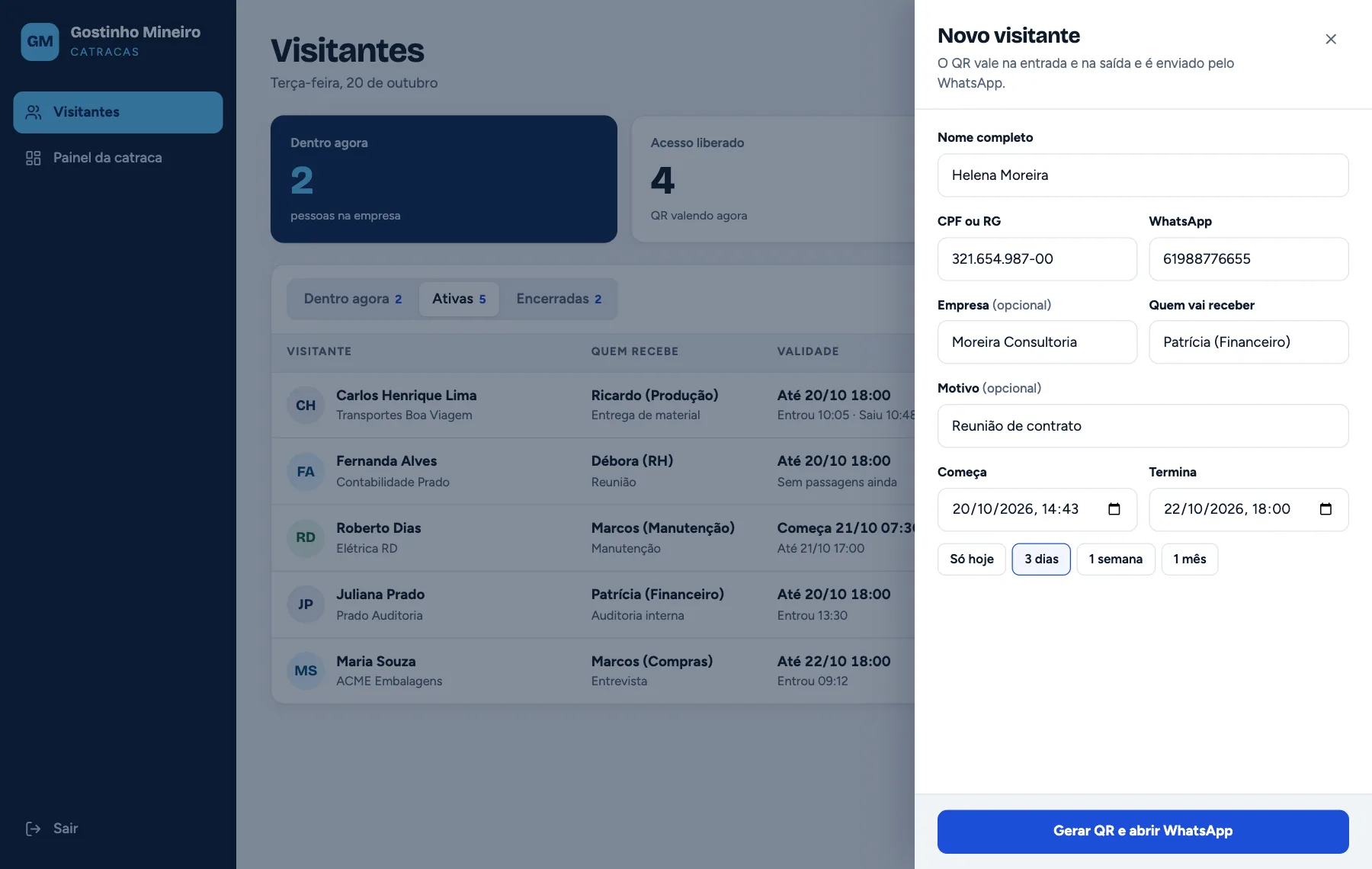 Side drawer with the new visitor form filled in and duration shortcuts